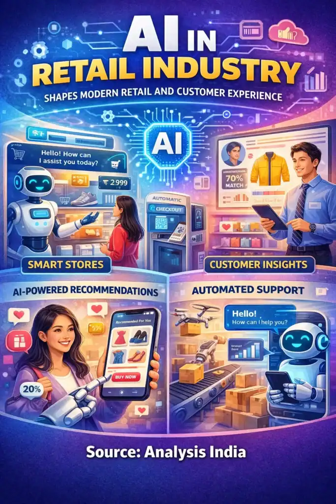 AI in retail industry showing smart stores personalised product suggestions customer insights and automated support inside modern retail environments