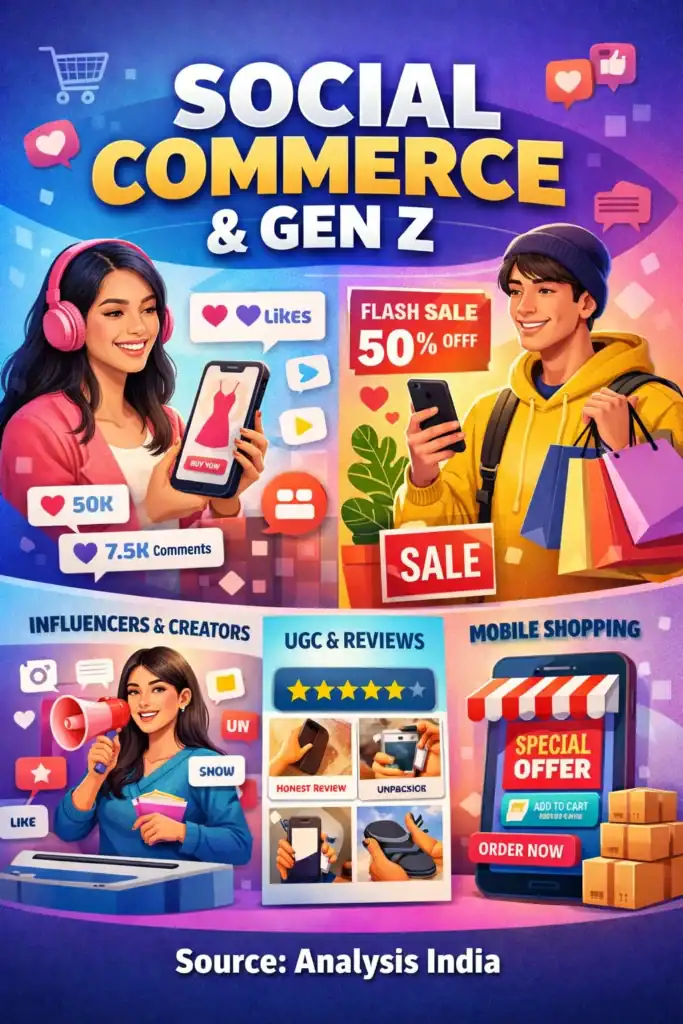 Social Commerce Gen Z Retail Trend visual showing influencers, reviews, mobile shopping and creator driven product discovery