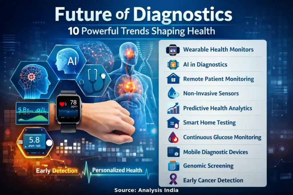 Future of Diagnostics image showing smart wearable devices and diagnostic trends with icons and human body illustration for early detection and health monitoring