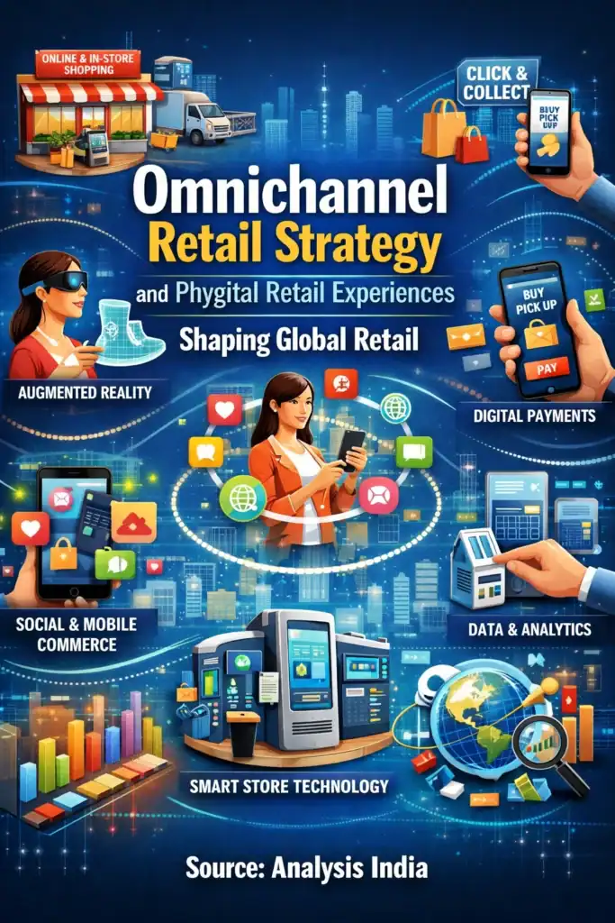 omnichannel retail strategy with phygital retail experiences showing digital payments augmented reality mobile commerce data driven insights and smart store technology shaping global retail