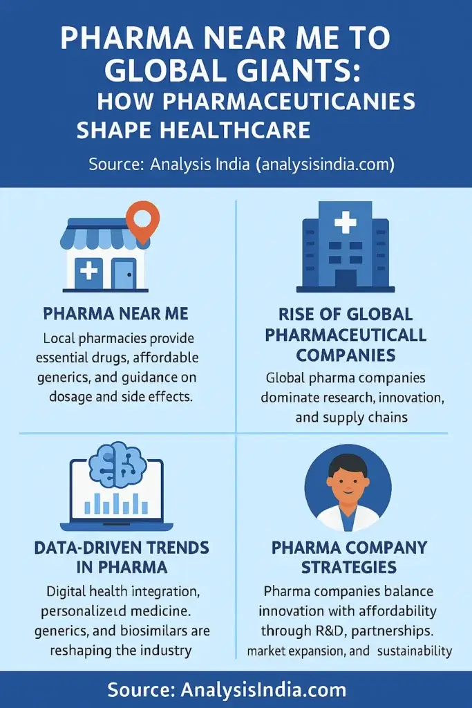 Pharma near me global healthcare infographic showing local pharmacies, global pharmaceutical companies, data driven trends, and pharma company strategies