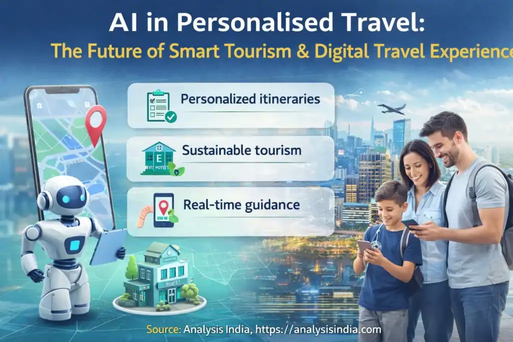 AI in personalised travel infographic showing smart tourism, digital travel planning, sustainable tourism, real time guidance and AI powered travel experiences