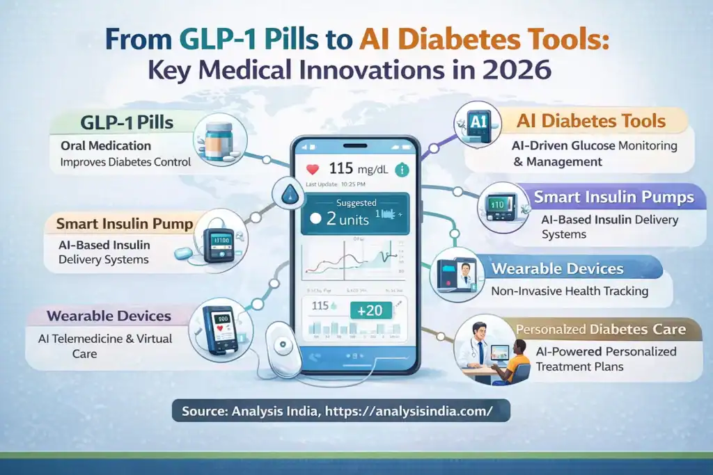 AI Diabetes Tools infographic showing GLP 1 pills smart insulin pumps wearable devices and digital diabetes care innovations in 2026