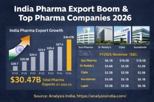 India pharma export boom showing export growth data and leading Indian pharmaceutical companies impacting global supply chains in 2026