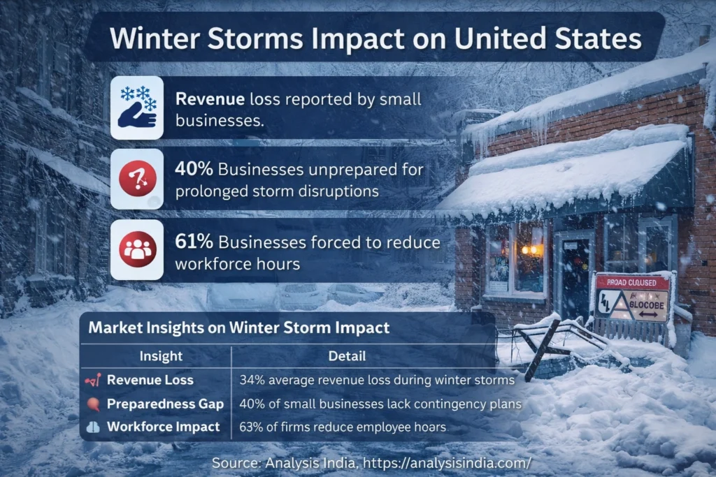 Winter storms impact on United States small businesses showing revenue loss, preparedness gaps, workforce reduction, and market insights