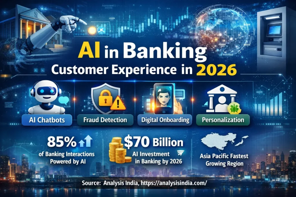 AI in banking customer experience 2026 showing chatbots fraud detection digital onboarding and personalization