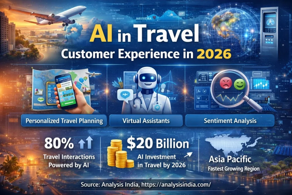 AI in travel customer experience 2026 showing personalized travel planning virtual assistants and sentiment analysis
