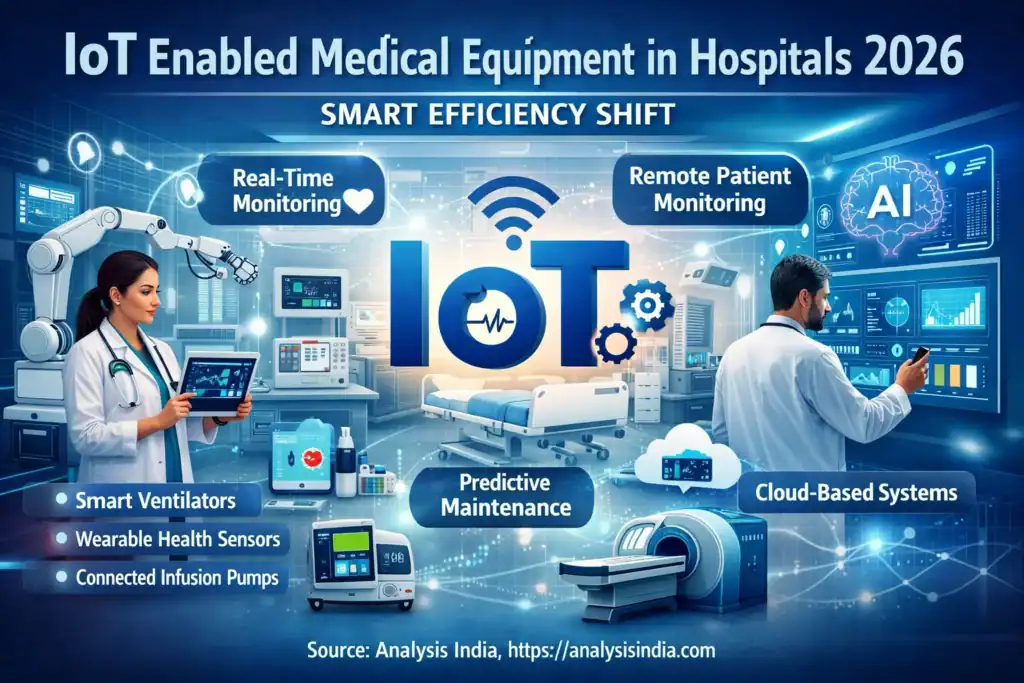 IoT enabled medical equipment in hospitals 2026 showing smart ventilators, wearable health sensors, connected infusion pumps, real time monitoring, remote patient monitoring, predictive maintenance, and cloud based healthcare systems