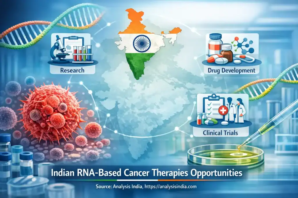 Indian RNA-based cancer therapies infographic showing research, drug development, and clinical trials with RNA strands, cancer cells, laboratory background, and India map with tricolor theme.