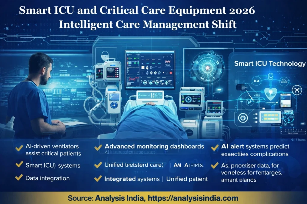 Smart ICU and Critical Care Equipment 2026 showing AI driven monitoring ventilators and intelligent hospital care systems