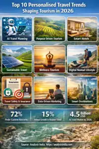 Top 10 Personalised Travel Trends Shaping Tourism in 2026 infographic showing AI travel planning, sustainable tourism, wellness travel and digital nomad trends