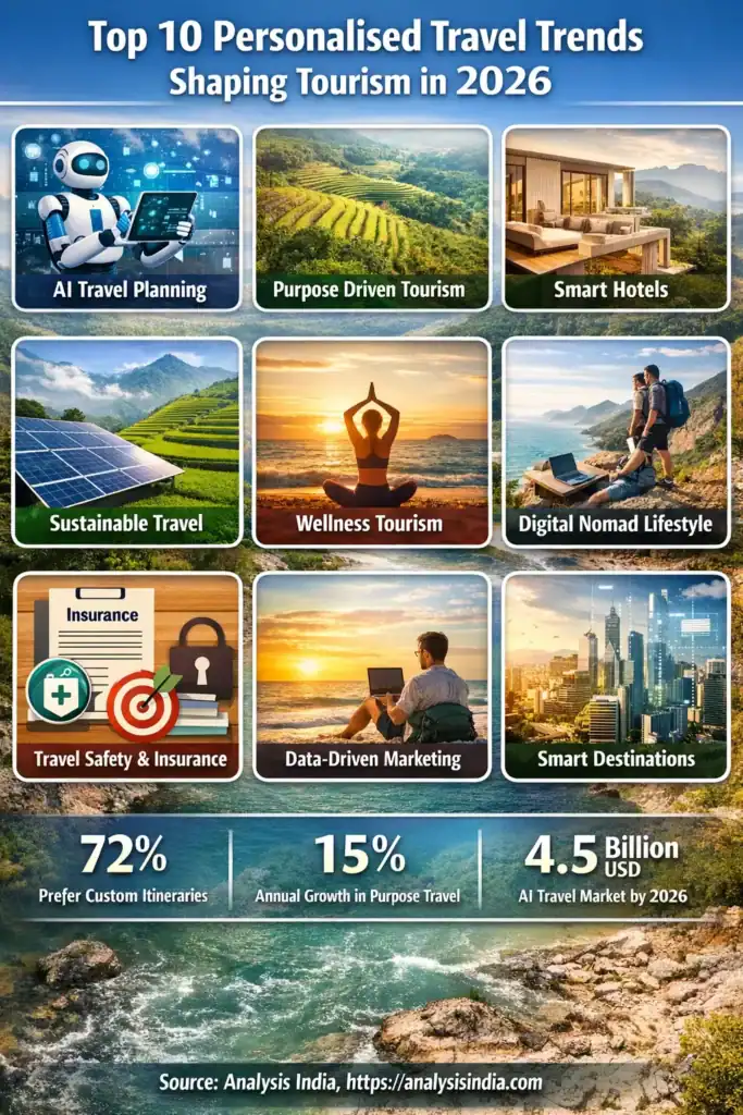 Top 10 Personalised Travel Trends Shaping Tourism in 2026 infographic showing AI travel planning, sustainable tourism, wellness travel and digital nomad trends
