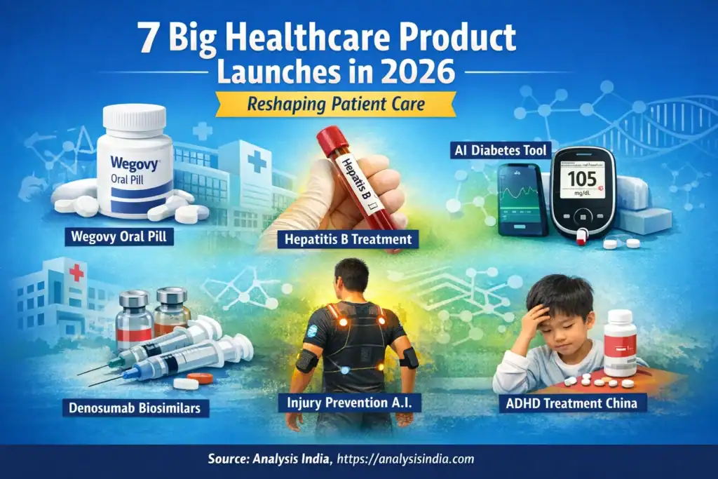 Healthcare product launches 2026 featuring Wegovy oral pill, hepatitis B treatment, AI diabetes tools, denosumab biosimilars, injury prevention AI, and ADHD treatment in China