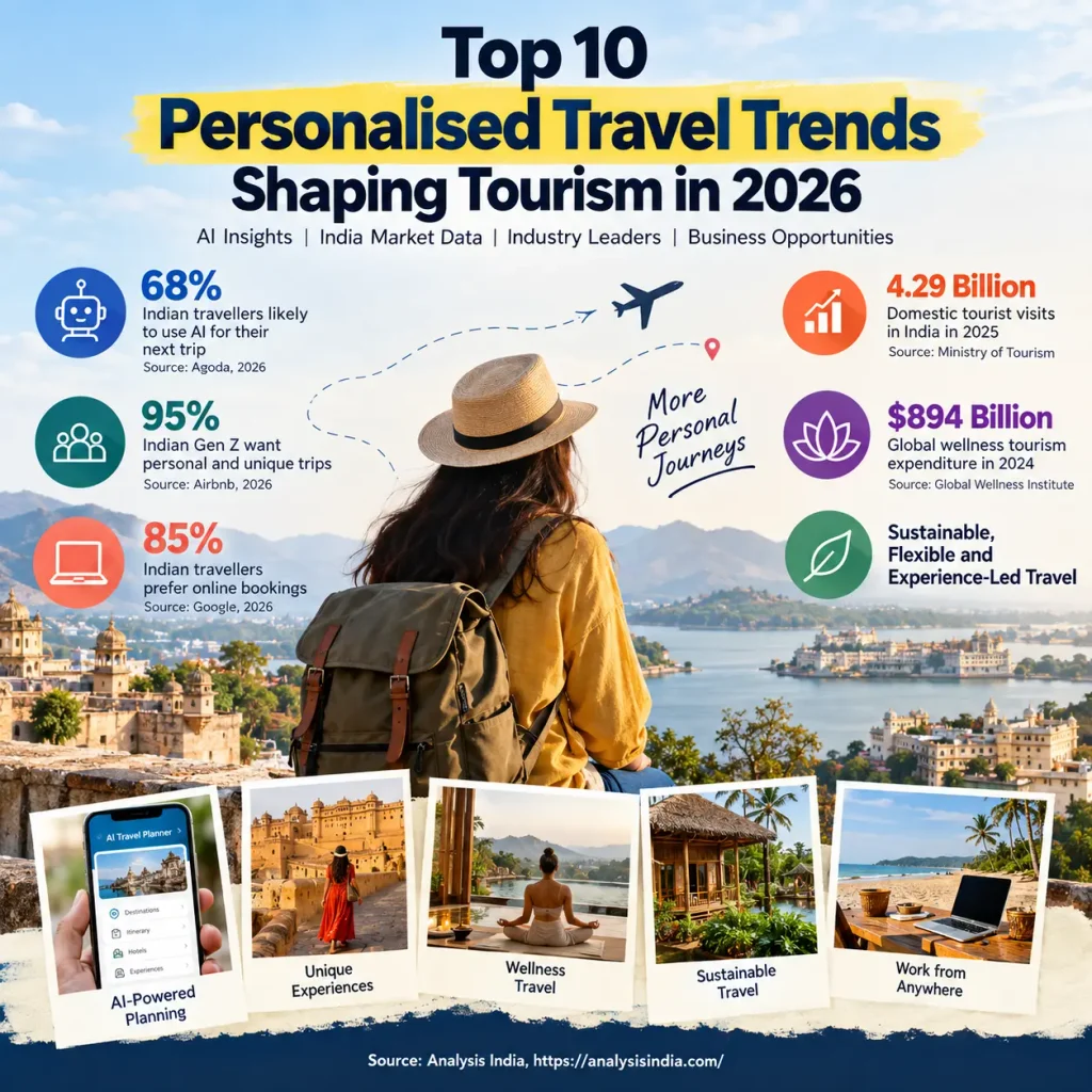 Personalised travel trends in 2026 showing AI travel planning, wellness tourism and India tourism insights