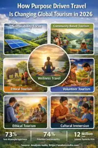 How purpose driven travel is changing global tourism in 2026 infographic showing sustainable tourism, community based travel, wellness travel, ethical tourism and cultural immersion trends