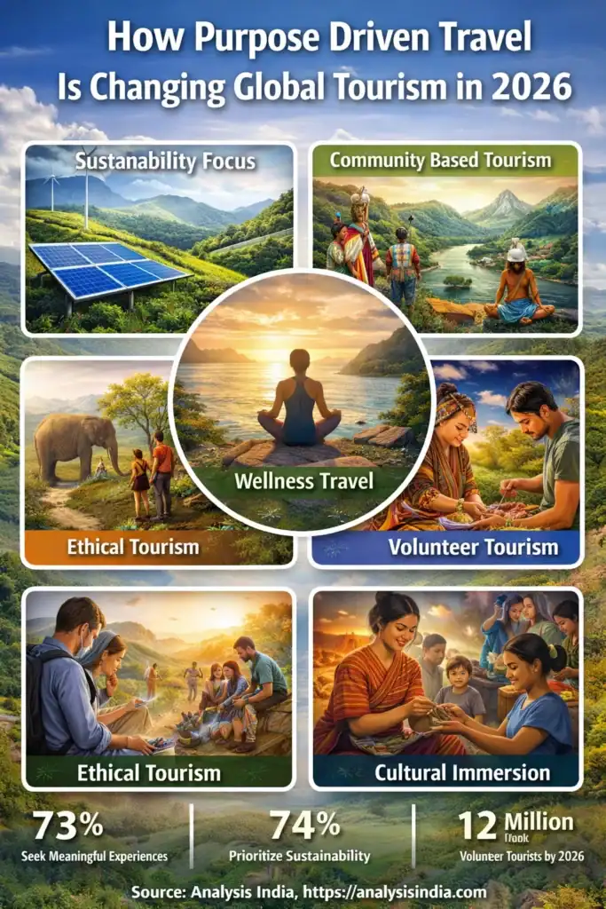 How purpose driven travel is changing global tourism in 2026 infographic showing sustainable tourism, community based travel, wellness travel, ethical tourism and cultural immersion trends