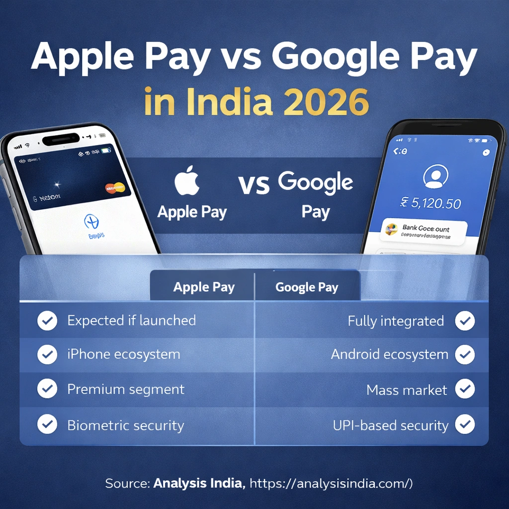 Apple Pay vs Google Pay in India 2026 complete comparison infographic showing UPI integration, ecosystem reach, security features and market positioning