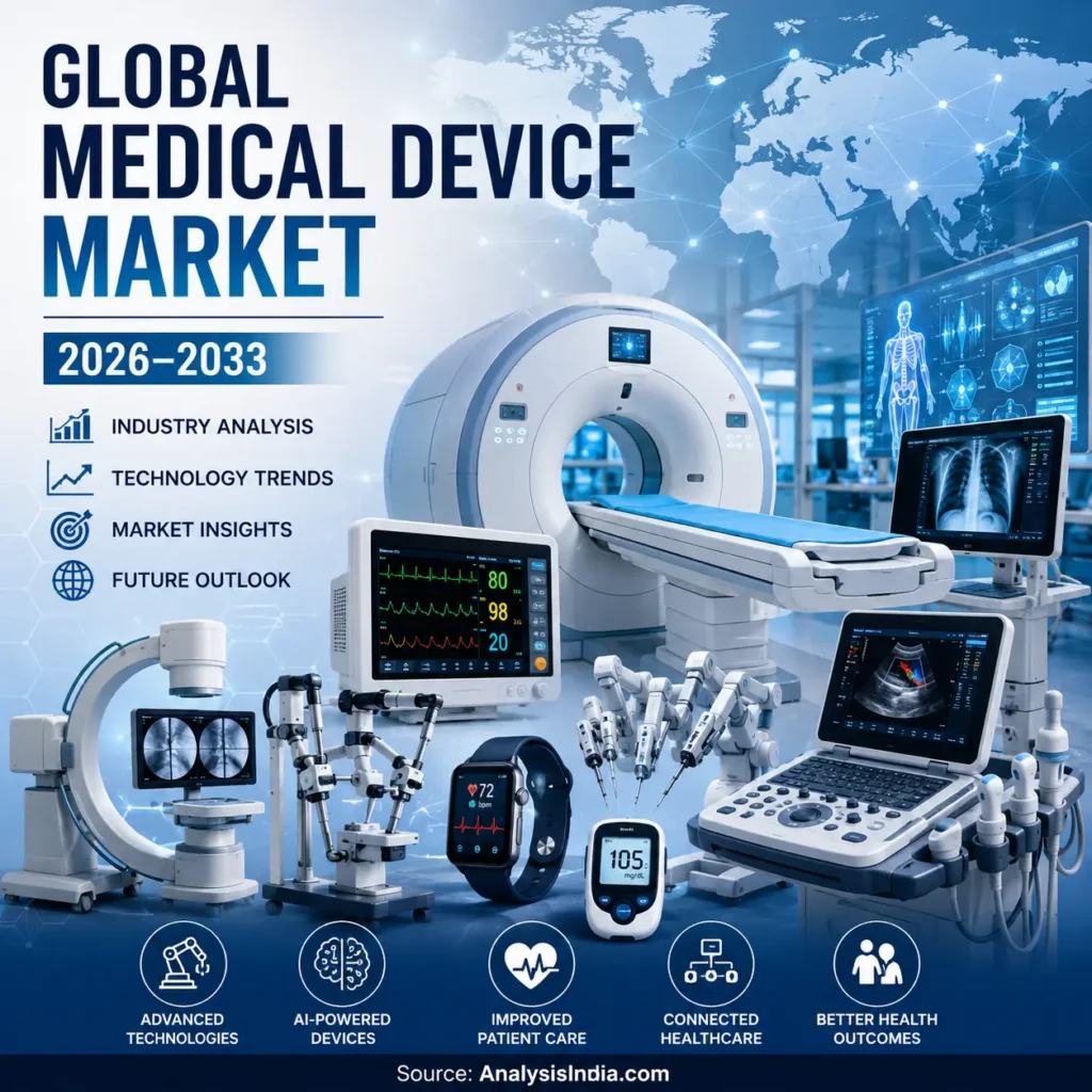 Global Medical Device Market analysis showing MRI, CT scanner, robotic surgery systems, AI-powered medical devices, diagnostic imaging, wearable health devices, and connected healthcare technologies.
