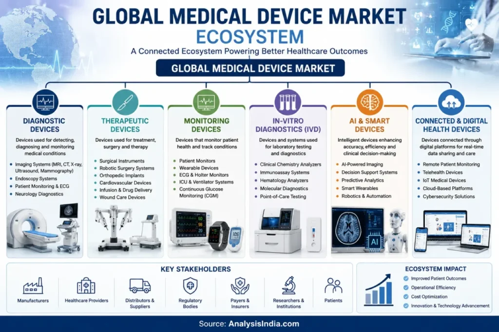 Global Medical Device Market Ecosystem showing diagnostic devices, therapeutic devices, monitoring devices, in vitro diagnostics, AI-powered medical devices, and connected healthcare technologies