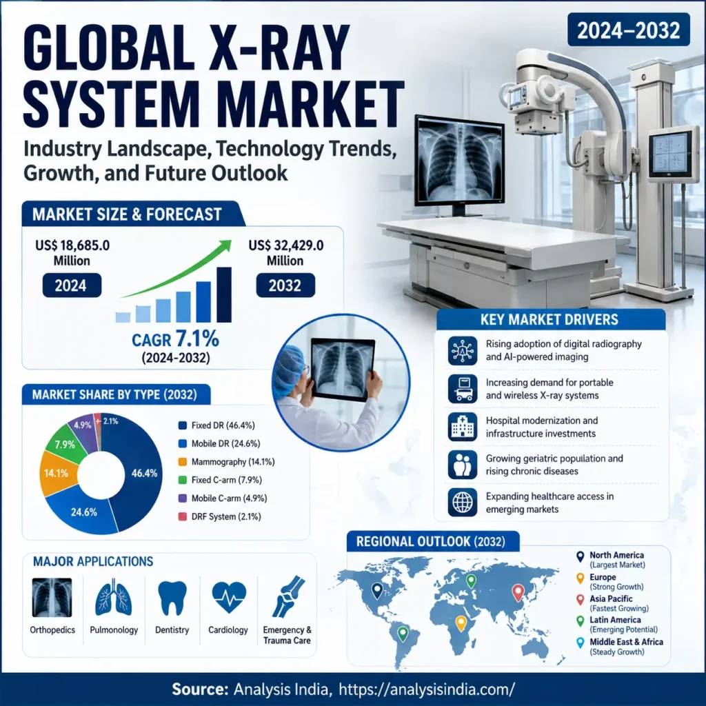 Global X-ray System Market feature image showing industry landscape, market size forecast, technology trends, regional outlook, and key growth drivers from 2024 to 2032.