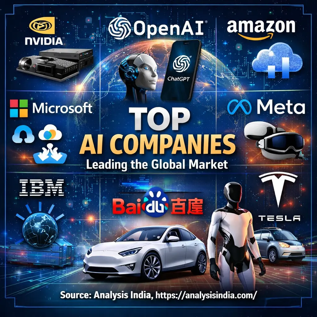 Top AI companies leading the global AI market including NVIDIA Microsoft Google OpenAI Amazon Meta IBM Tesla and Baidu