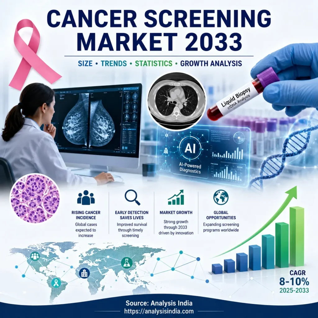 Cancer Screening Market 2033 infographic showing AI diagnostics, liquid biopsy, medical imaging, market trends, statistics and global growth analysis.