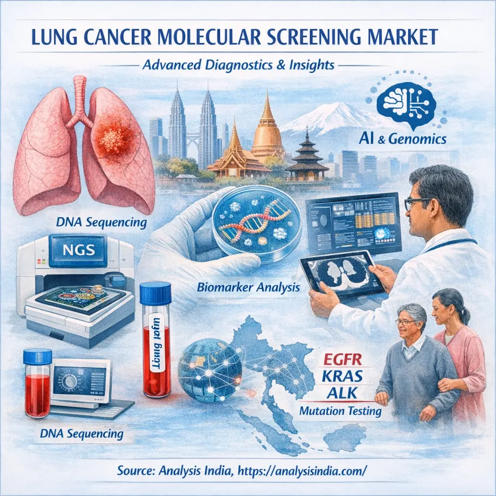 Lung Cancer Molecular Screening Market infographic showing growth trends, liquid biopsy, sequencing technology and regional insights