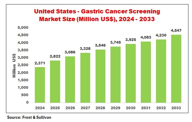 United States gastric cancer screening market size growth from 2024 to 2033 reaching 4,547 million US dollars showing steady increase in screening demand