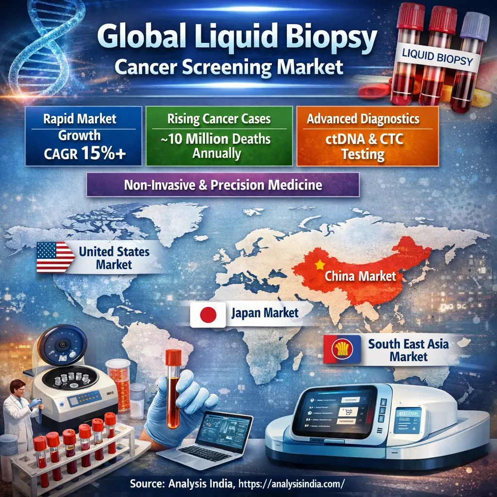 Global Liquid Biopsy Cancer Screening Market infographic showing early detection non invasive diagnostics and global growth trends
