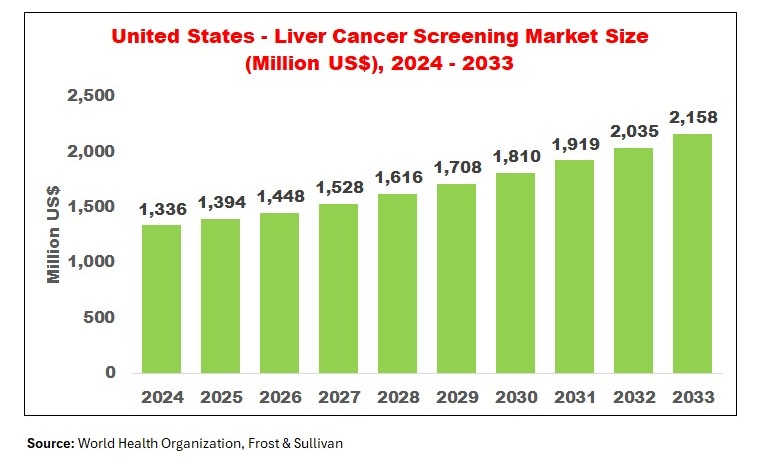 United States Liver Cancer Screening Market size forecast chart showing growth from USD 1,336 million in 2024 to USD 2,158 million by 2033 driven by AI diagnostics and early cancer detection technologies