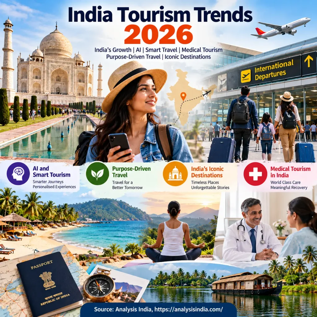 India tourism trends 2026 featuring heritage destinations, AI-powered travel, international airports and medical tourism