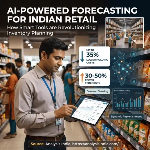 Infographic showing how AI powered forecasting tools help Indian retailers plan inventory, reduce holding costs by up to 35%, and minimize stockouts using demand sensing
